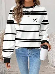 Women's Plus Size Fall Winter Vintage Striped Sweatshirt with Bow Print, Comfortable Versatile Casual Top, Trendy Loose Fit Clothing