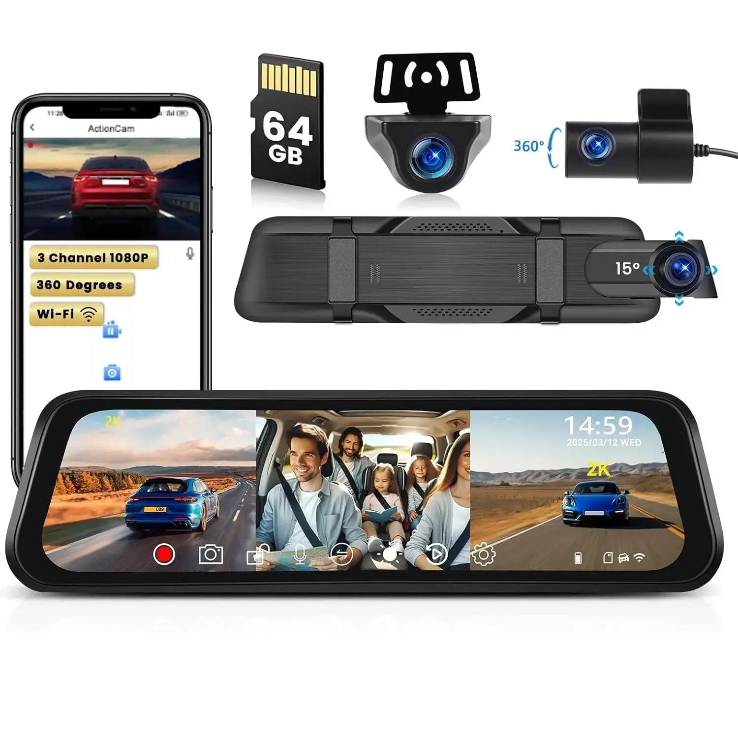 9.66" Mirror Dash Cam with Front 2K, Inside & Rear 1080P with Loop Record, Enhanced Night Vision, Reverse Assist, Parking Monitoring, Free Card, car