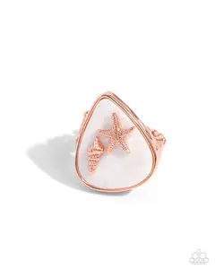 Seaside Serendipity - Copper Starfish and Copper Seashell sit on White Shell on Triangular Frame Stretchy Ring