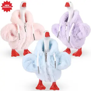 3 Pcs 7 Inch Desk Goose Outfits - Pink Blue Purple Fluffy Zip-Up Hooded Coats Plush Costumes for Magnetic Duck & Goose Statues Desktop Table Decor Accessories