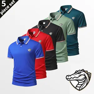 Set of 5 men’s polo shirts, short sleeves | quick-dry golf/tennis shirts | crocodile print design, premium feel, breathable | suitable for equestrian, casual wear, parties, and travel outfits | stylish sportswear with contrast collar and cuffs