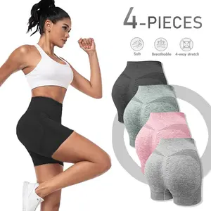 4-Pieces Hip Lifting Yoga Shorts for Women - Soft Breathable 4-Way Stretch Biker Shorts with Hidden Scrunch Butt Lifting Feature, Scrunch Butt Lifting 4.5" Seamless Shorts Womenswear Bottoms Bridal Basic Minimalist
