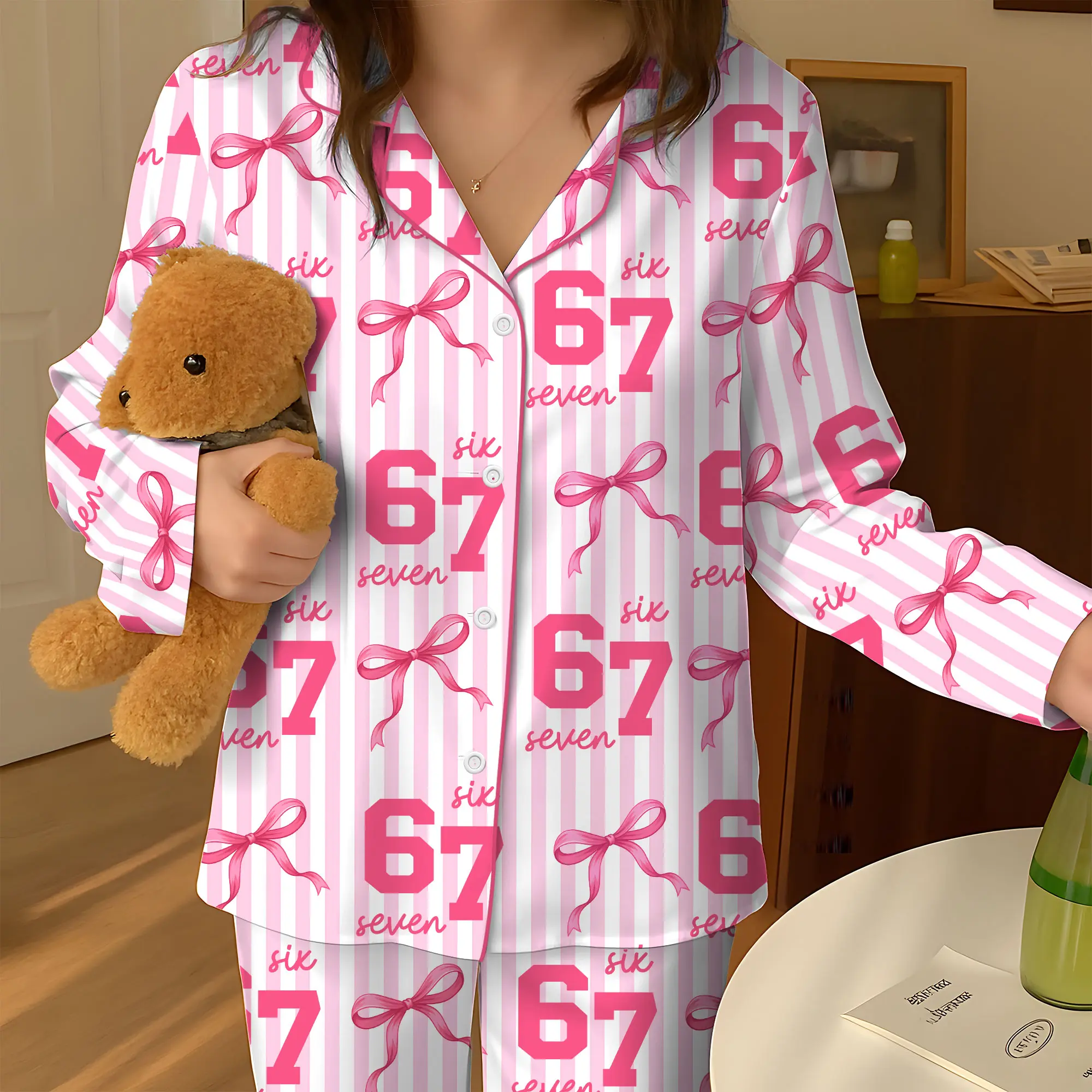 67 Meme Pajamas Set for Women | Pink Bow Six Seven Pajama Set | Funny TikTok Viral PJs | Cute Satin Long & Short Sleepwear