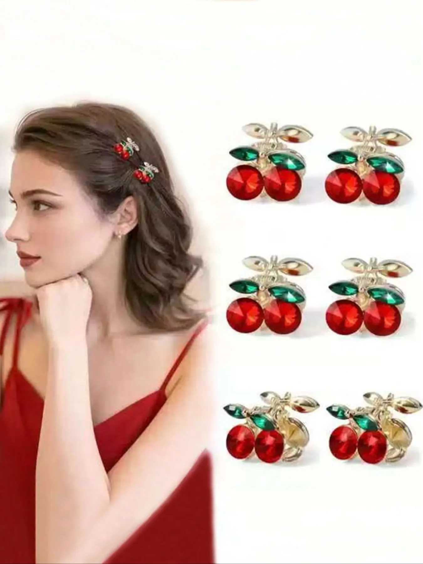 6pcs Crystal Cherry Hair Clips for Women, Cute Fruit Barrettes for Bangs & Side Hair, Fashion Hair Style Accessory for Fall Winter, Hair Claw, Super Cute Clips
