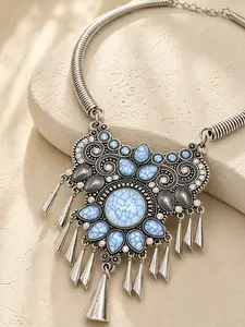Women's Long Vintage Ethnic Tribal Bib-Style Pendant Necklace - Metal Coating, Heavy Craftsmanship Hippie Indie Exotic Fashion Jewelry