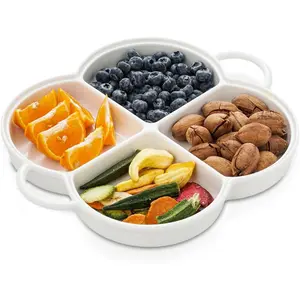 Divided Serving Platter,Ceramic Chip & Dip Serving Dish,12" Decorative Sectional Dish,4-Compartment Appetizer Fruit Dish for Party,Perfect for Chips and Dip, Veggies, Candy and Snacks, White