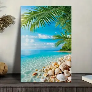1 piece of 2D exquisite canvas painting--sky, palm trees, shells, beach scenery, oil painting style poster, wall decoration, living room decorative painting, solid wood frame, size 11.81x 17.72inch, 2D flat design, perfect for room decoration
