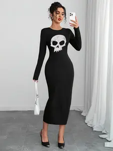 Skull Printed Slim Fit Dress for Halloween Parties Daily Outings and Fashionable Long Sleeve Midi Dresses