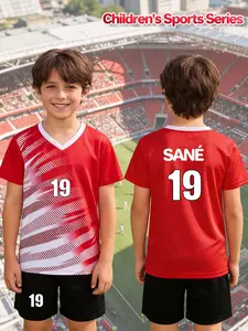 V-neck football suit for boys, customizable with name SANÉ and number 19. It's a comfortable and breathable two-piece jersey for matches and sports, suitable for outdoor exercise, school team equipment, and a great holiday gift.