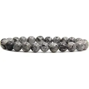 Natural Gray Picture Jasper Gemstone 8mm Ball Beads Stretch Bracelet 7" Unisex
