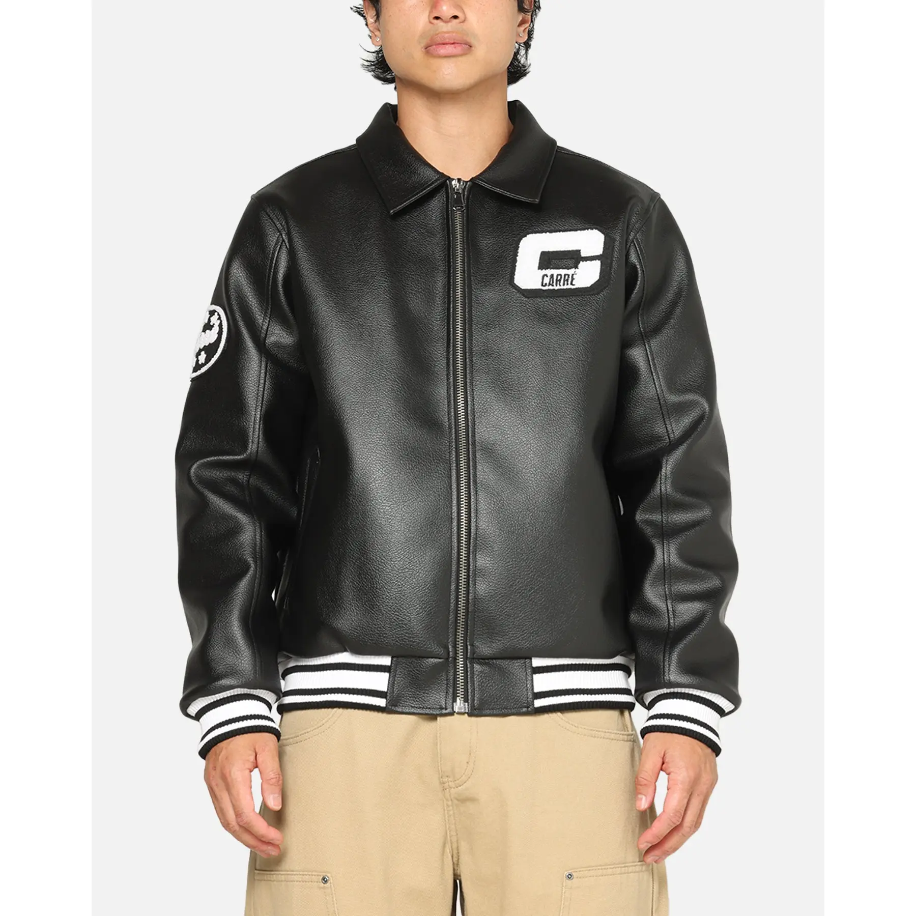 Carre Vegan Leather Varsity Jacket Black/White