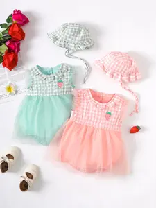Kid Fashion Ready Stock Baby Girls Cute Strawberry Toddler Girls Clothes Plaid Summer Sleeveless Splice Gauze Romper Dress With Hat 2Pcs ZX-ZB032