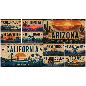 Vintage State Decorative License Plate, Retro Travel-Style Car Exterior Accessory, California-New York-Florida-Texas-Arizona-Tennessee-Michigan Theme Plate for Garage Wall, Man Cave