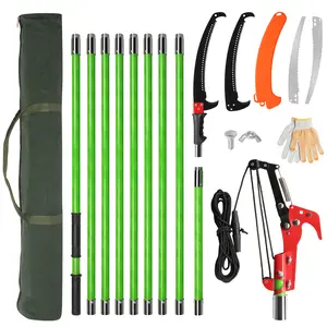 30ft Extendable Pole Tree Pruner with Scissors, Lightweight Fiberglass Handle Manual Pole Saw, Sharp 65Mn Steel Blade for High Branch Trimming Palms Shrubs, Includes Replacement Blade & Gloves