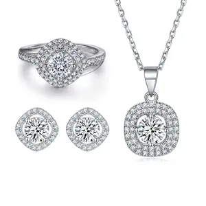 Shining zircon ring, 925 sterling silver four-leaf clover necklace, versatile silver earrings, three-piece jewelry set, suitable for Valentine's Day gifts, wedding wear, and evening parties