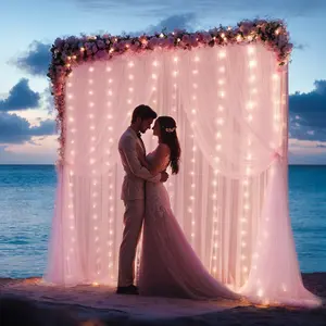 2 Panels Sheer Tulle Backdrop Curtain with LED String Lights Easy Hang Wrinkle-Free Photo Background for Weddings Baby Showers Birthdays Party Decor