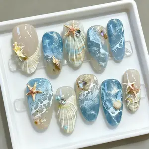 Summer Ocean Vibes Almond Shape Medium Nail Tips, Glossy Finish, Includes Jelly Glue & File, Perfect for Beach Vacations, Seashells, Glossy Fake Nails