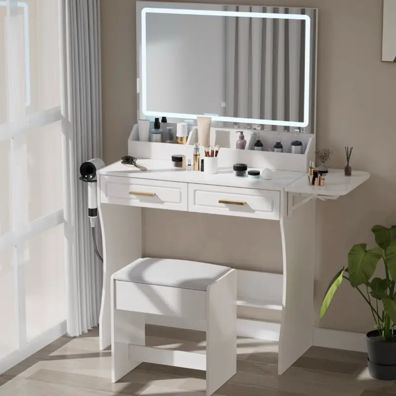 Modern White Makeup Vanity Desk with Mirror, Adjustable Lights, Storage & Stool