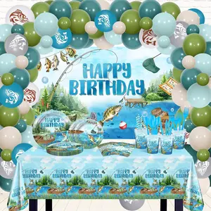 Fishing birthday party decorations 274pcs gone fishing party decorations set gone fishing backdrop tablecloth fishing party decorations tableware fish balloons birthday party supplies