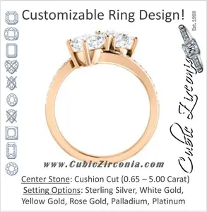Cubic Zirconia Engagement Ring- The Phoebe (Customizable Enhanced 2-stone Double Cushion Cut Design With Round Pavé Band)