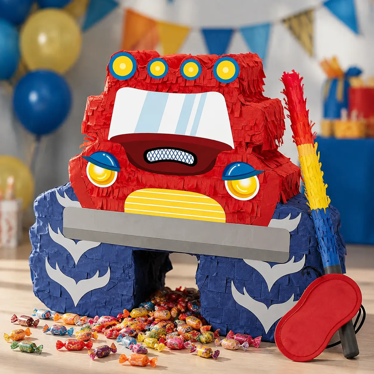 【Handmade】WERNNSAI Monster Truck Boys Piñata  Kids Birthday Party Piñata Bundle with Blindfold, Bat and Stick, Carnival Decorations for Anniversary Celebration Fiesta Party Supplies, piñata para niños fiesta cumpleaños infantil Gifts Party Favors