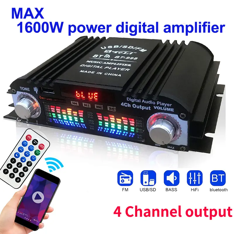 Romicta 4 Channel Bluetooth 5.0 Stereo Amplifier, 50Wx4 Home Audio Stereo Receiver, 1200W Max, USB/SD/FM, Class D HiFi Power Amp for Home Theater, Car & Karaoke, Includes Remote & Power Adapter