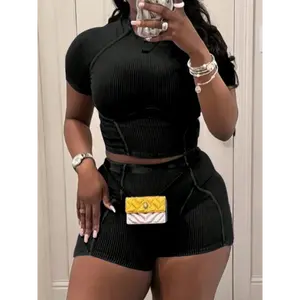 Summer Black Tight-Fitting Sexy Crop Top And Shorts Set With Large Round Neck Short Sleeve ,2 Piece Sets