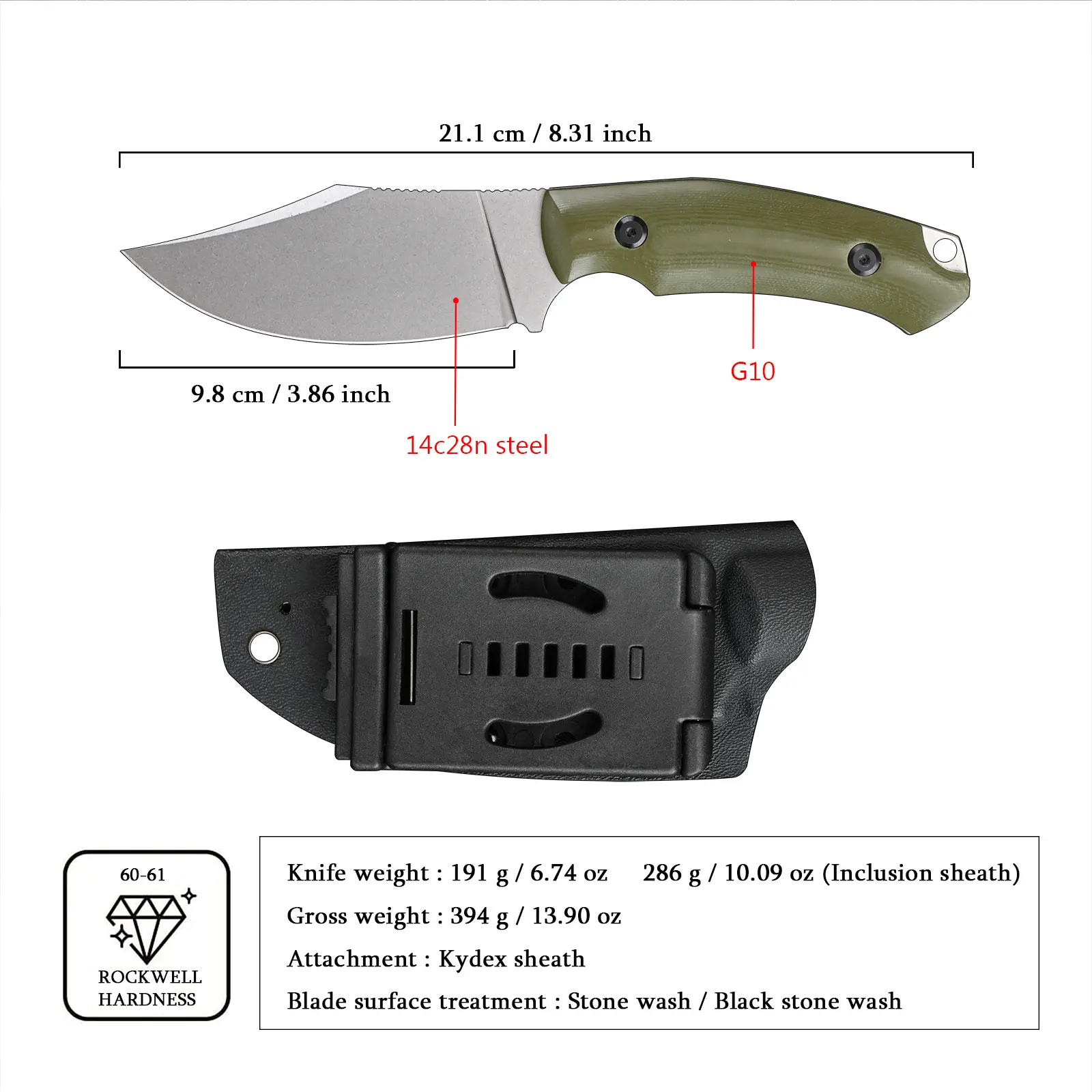 Fixed-Blade Tactical Knife - 9.8 cm 14C28N Steel Blade (60-61 HRC), G10 Handle, Kydex Sheath - Men's Durable Outdoor Tool for Camping, EDC Use, Survival Supplies, Outdoor Edc Tools, Outdoor Survival