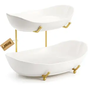 Large Size 2 Tier Ceramic Fruit Bowl,(13.4 and 11 inch Plate) Storage Space, Golden Metal Stand for Kitchen Counter,Porcelain Fruit Basket for Countertop, Snack, Nuts, Cake, Dessert - White