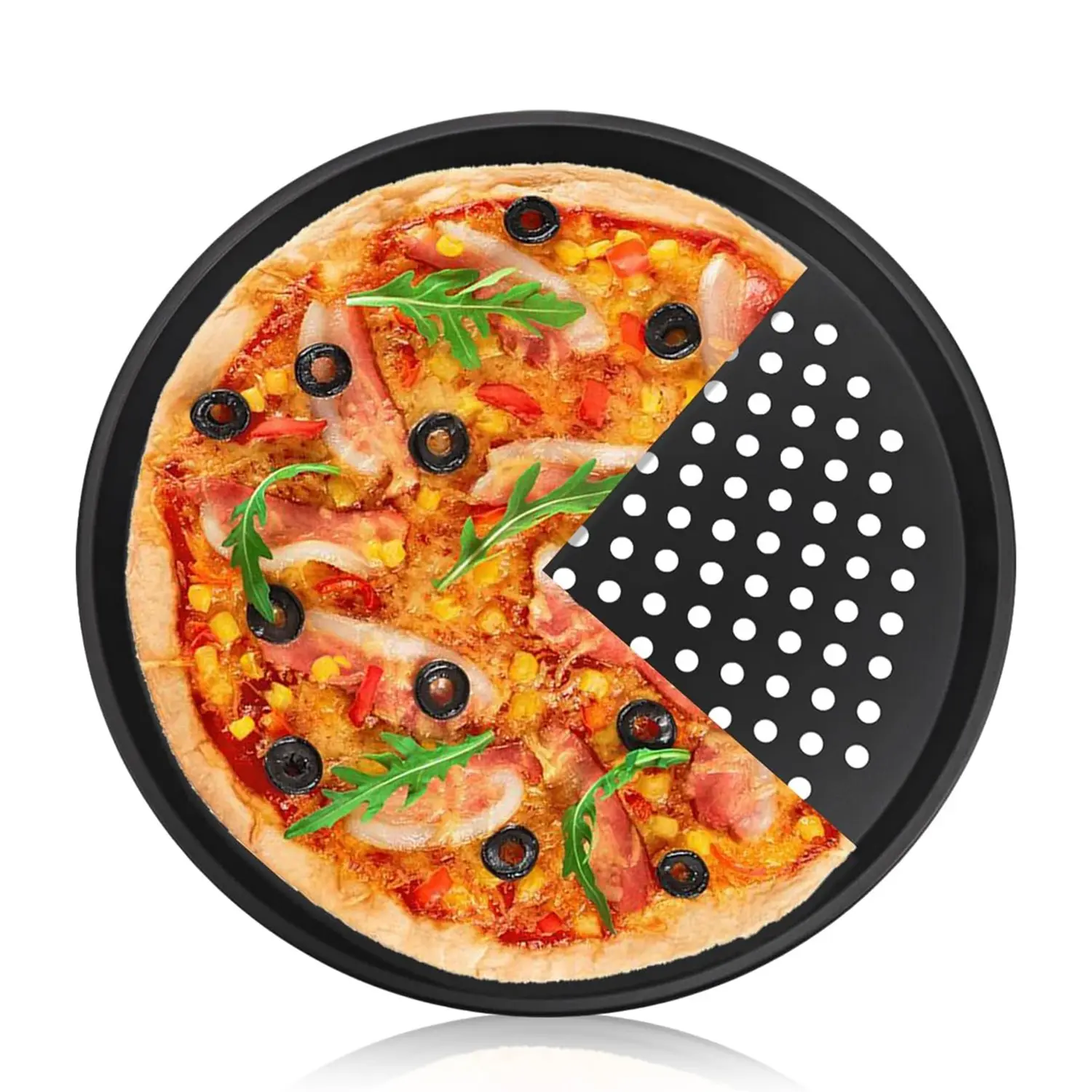 12.5 Inch Nonstick Round Pizza High Quality Bakeware Tray with Holes, Compatible with Smart Ovens, Silicone Coated Steel, Dishwasher Safe, Kitchen Storage Container, Baking Tools, Baking Supplies