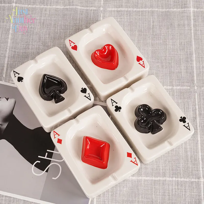 Novelty Poker Card Ceramic Ashtray, Stylish Spade Heart Club Diamond Ash Tray, Decorative Tabletop Accessory for Home Office, Perfect Gift for Smokers & Poker Lovers