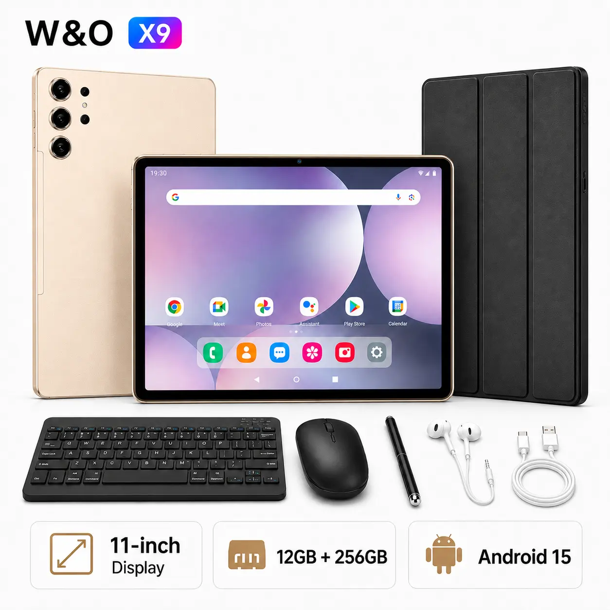 【Back to School】W&O X9U Android 15 Tablet, 11-Inch Display, 12GB RAM + 256GB Storage, 10000mAh Battery, GPS, Keyboard Mouse Stylus Bundle, Ideal for Students, Online Classes, College & Study