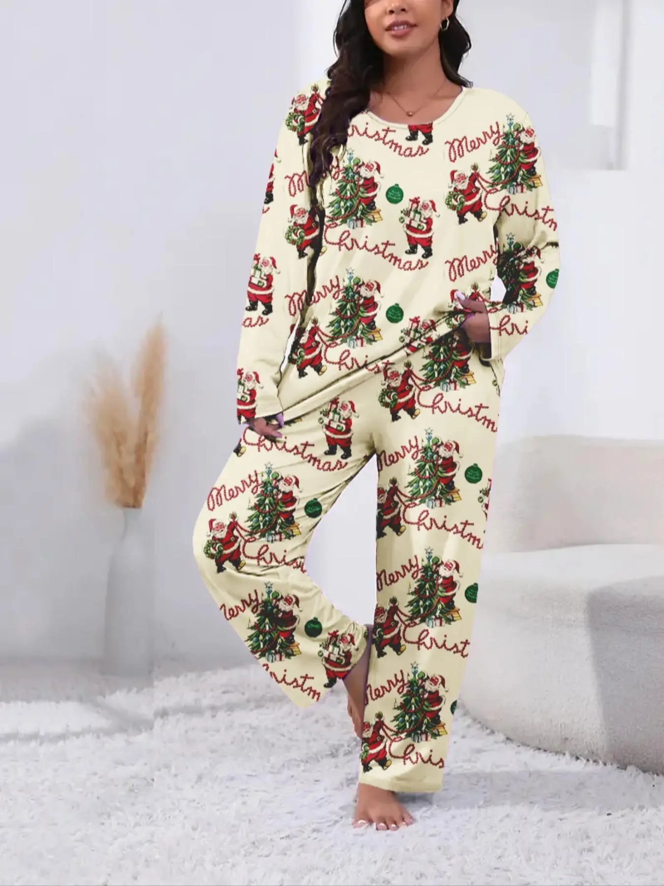 【Plus Size】 Two-Piece Set Christmas Print Long Sleeve Tee & Elastic Waist Pants Pyjama, Casual Comfy Round Neck Top & Trousers Set, Women's Sleepwear