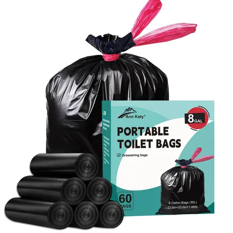 Ann Katy Drawstring Disposable Garbage Bags - 8 Gal (23.6x25.6 in), 60-Count, Leak-Proof, Strong and Puncture-Resistant, Hygienic Sealing Trash Pack for Hiking, Camping, Home Care, Fits Most Portable Use