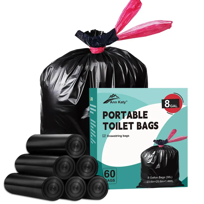 Ann Katy Drawstring Disposable Garbage Bags - 8 Gal (23.6x25.6 in), 60-Count, Leak-Proof, Strong and Puncture-Resistant, Hygienic Sealing Trash Pack for Hiking, Camping, Home Care, Fits Most Portable Use