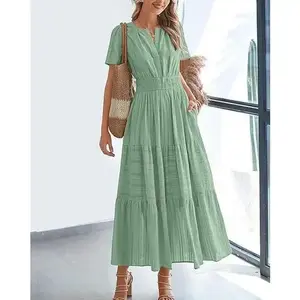 Women’s Summer 2025 Casual Midi/Maxi Dresses – Lightweight, Short-Sleeve, V-Neck, Elastic Waist, Boho Beach Style, with Pockets