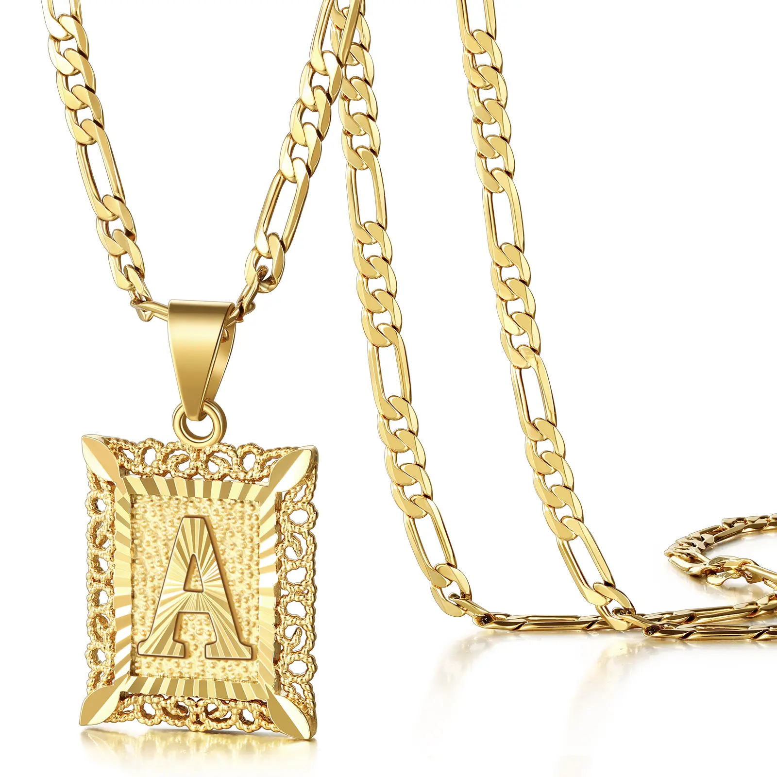 Initial Letter Pendant Necklace for Men Womens, 14K Gold Plated Square Capital Monogram Necklace Alhpabets from A-Z Figaro Chain Necklace