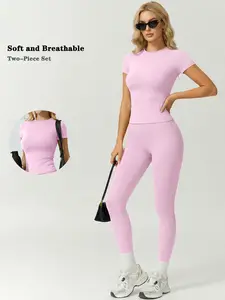 2-Piece Set Women's Solid Color Loungewear Set, Sports Activewear Set, Crew Neck Short Sleeve Long Pants Tracksuit Breathable Soft Nylon Fabric Yoga Wear High Stretch Slim Fit For Home Daily Outings