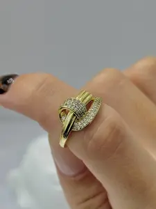 Elegant Trenzado Anillo de Oro Laminado en 14k con Detalles de Zirconia para Mujeres Joyería de Lujo Versátil y Brillante