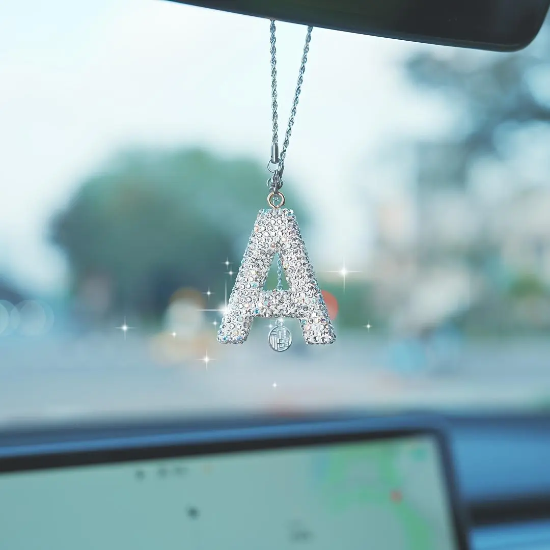Rhinestone Letter Design Car Pendant, Sparkling Car Rearview Mirror Hanging Ornament, Car Interior Decoration Accessories Car Trinkets for Women & Men, Car Ornaments, Car Decorations