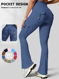 Women's Multi-Pocket Sporty Wide Leggings, High Waist Invisible Elastic Bell Bottoms, No Front Seam Design, Gym Yoga Daily Wear, Flared Workout Leggings