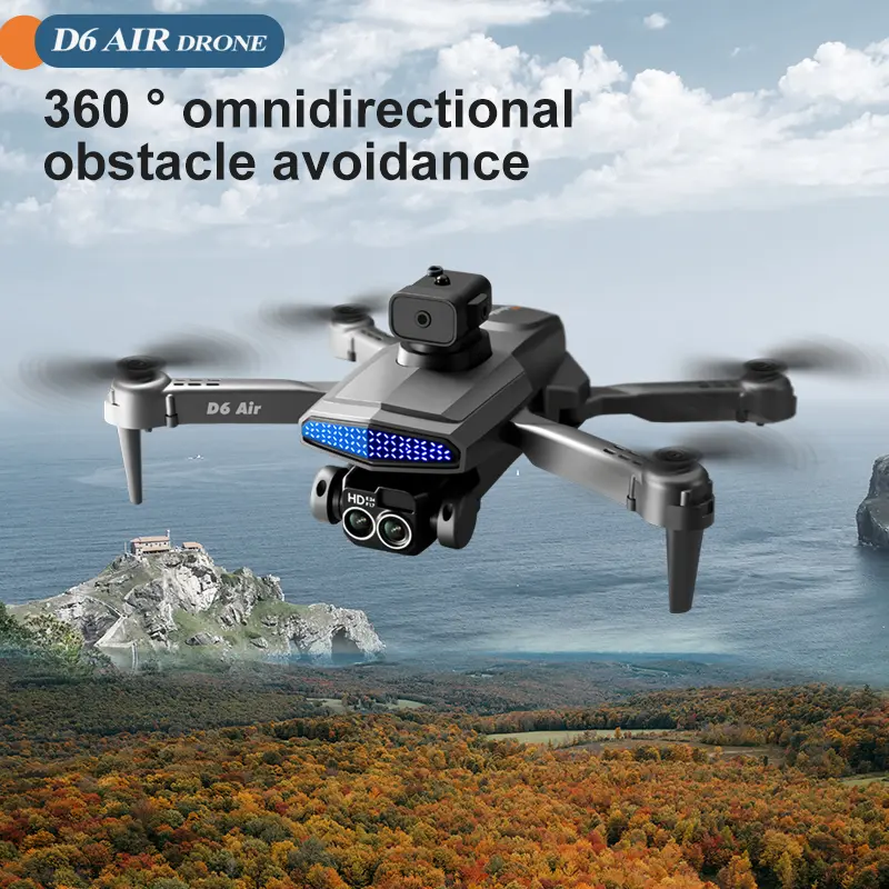D6 Air Drone with 540° 5-Way Obstacle Avoidance, HD Dual Camera FPV Quadcopter, Optical Flow Positioning, Foldable RC Drone，D6 Air FPV Drone with 5-Sided Obstacle Avoidance, Dual 4K Camera, 90° Adjustable Lens, WiFi Real-time Transmission, APP Control