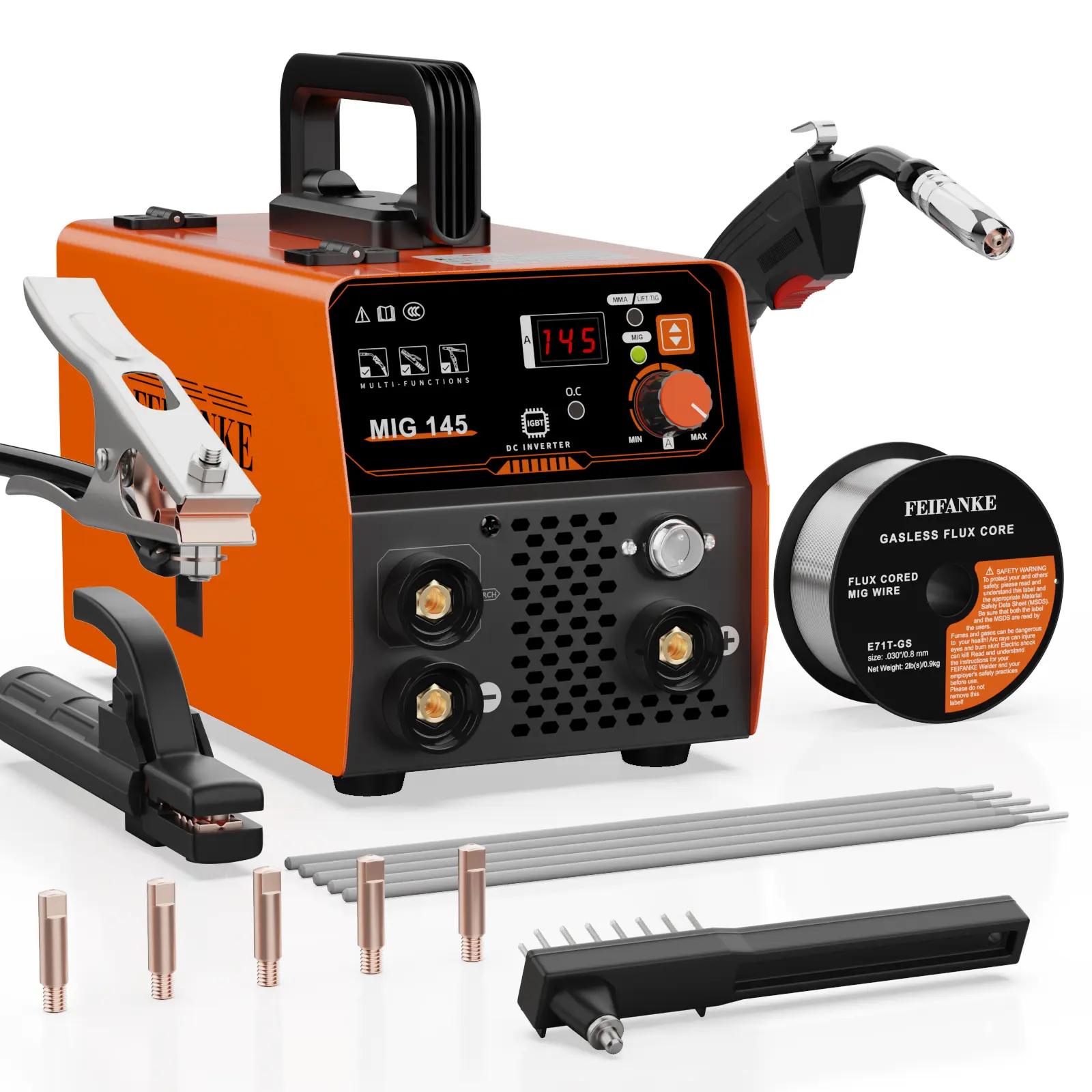 FEIFANKE MIG145A 30-145Amp 110V Gasless Flux Core MIG Welder, 3-in-1 Handheld Portable Tools with MIG/ARC/Lift TIG Stick Welding, LED Digital Display DC IGBT Inverter Synergic Control, Handheld Welding Machine. For Repair Work＆DIY＆gift