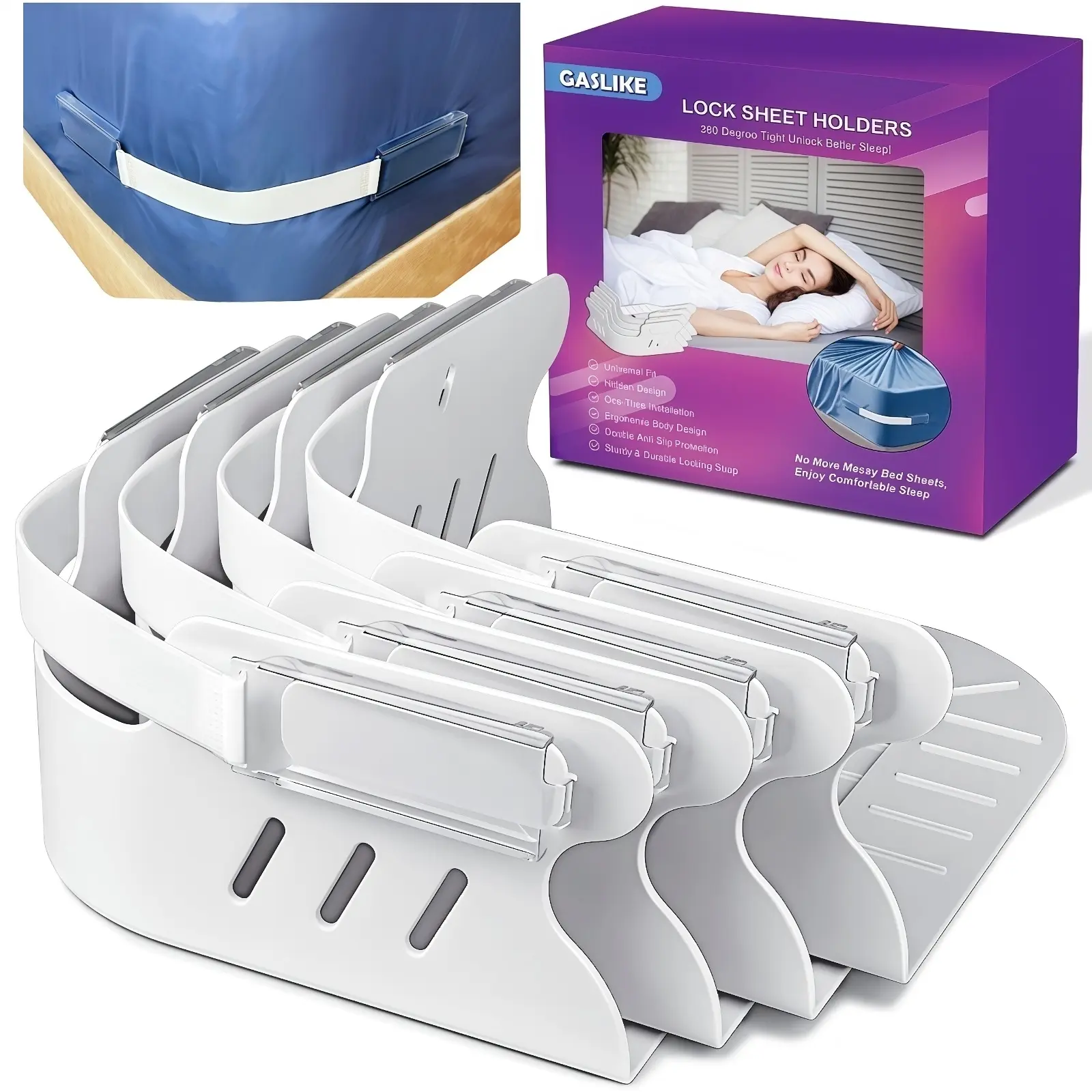 Lock Bed Sheet Holders for Corners, Patented Lock System Sets to Keep Sheets Tight & Neat, 4Pcs Heavy-Duty Non-Slip Bed Sheet Grippers for All Mattress, Easy Installation Without Heavy Lifting