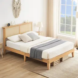Boho Style Rattan Bed Frame with Natural Headboard, RGB LED Lights, Wood Support, No Box Spring Needed – Illuminated & LED-Accented Bed Frame, Illuminated Bed Frames, Led-Accented Bed Frames