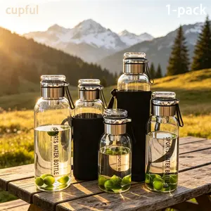 Reusable Borosilicate Glass Sports Water Bottle with Tea Infuser, Multi-Size Large Capacity Wide Mouth Leakproof Shock Resistant Food Grade Heat Resistant BPA Free Lead Free Portable Bottle with Carry Strap, Dishwasher Safe for Gym Hiking Camping Travel