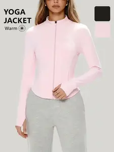 Women's Fitted Sport Jacket with Fleece Lining, High Neck Long Zipper Design, 3D Cut, Outdoor Running Tennis Yoga Outerwear, Yoga Jacket Top