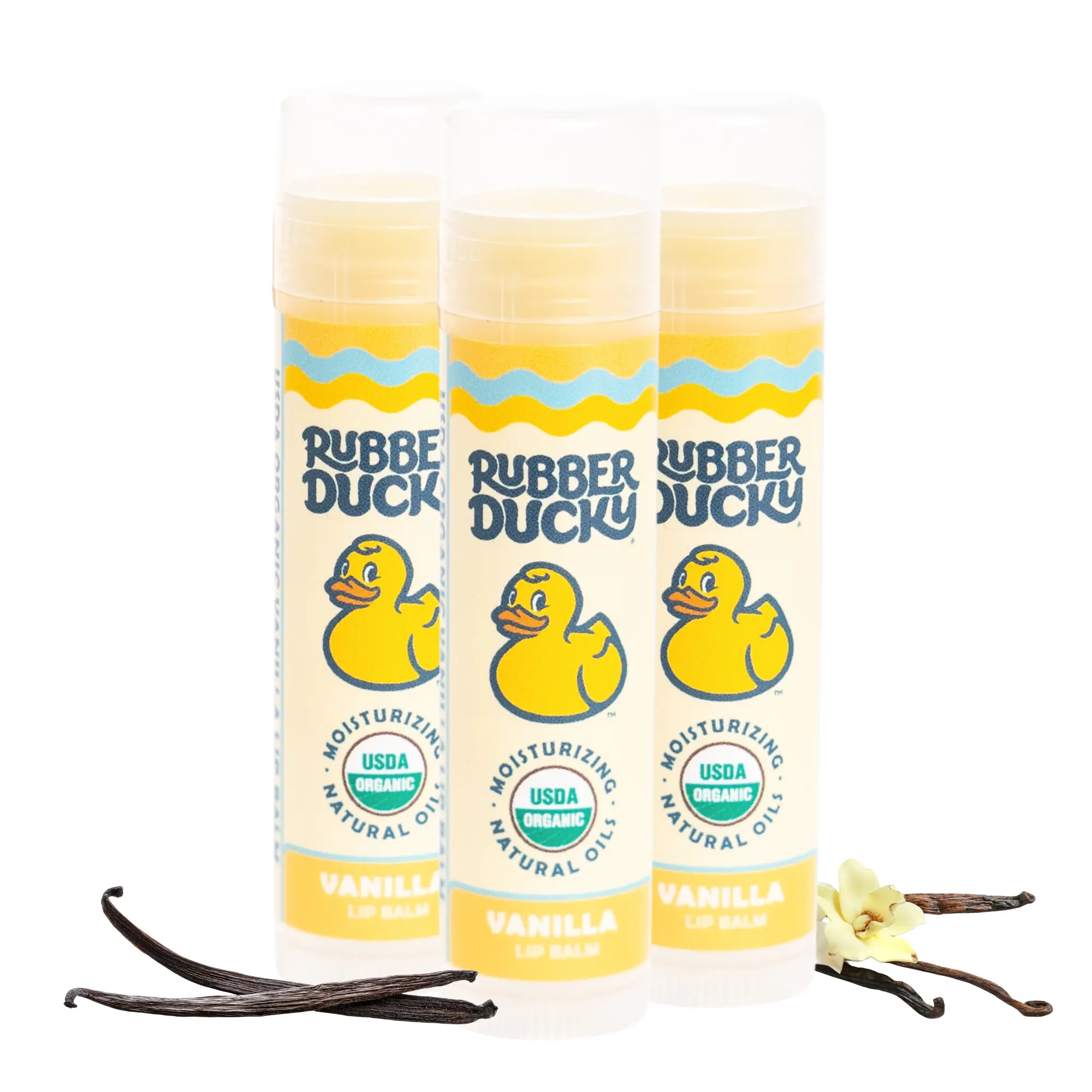 Rubber Ducky Organic Vanilla Lip Balm 3-Pack All Natural Certified Ingredients Long Lasting Moisture Nourishing Lips Coconut Oil Beeswax Calendula Rosemary Gentle Lightweight Hydrating Scent Smooth