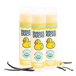 Rubber Ducky Organic Vanilla Lip Balm 3-Pack All Natural Certified Ingredients Long Lasting Moisture Nourishing Lips Coconut Oil Beeswax Calendula Rosemary Gentle Lightweight Hydrating Scent Smooth