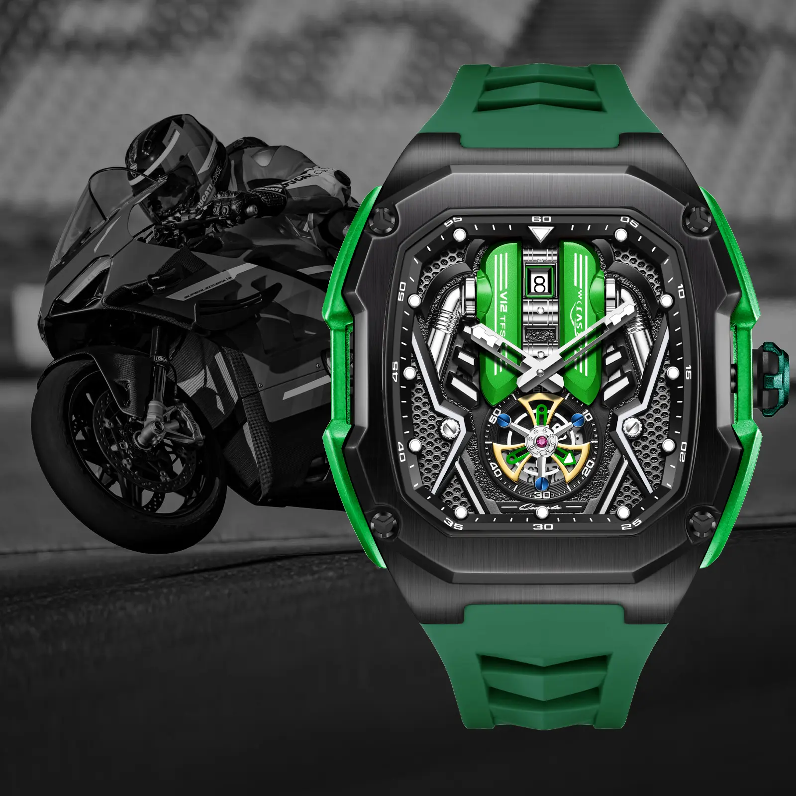 V12 trendy wristwatch Phantom Series Chronograph Calendar，watches for men，Watch With Quartz Movement, Men's Watch, Black Dial, Gift Box, Simple, Waterproof, Luminous Watch